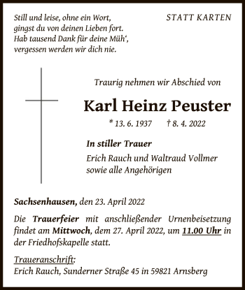 Traueranzeige von Karl Heinz Peuster von WLZ