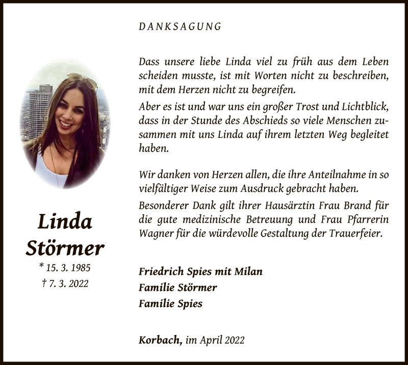  Traueranzeige für Linda Störmer vom 16.04.2022 aus WLZ