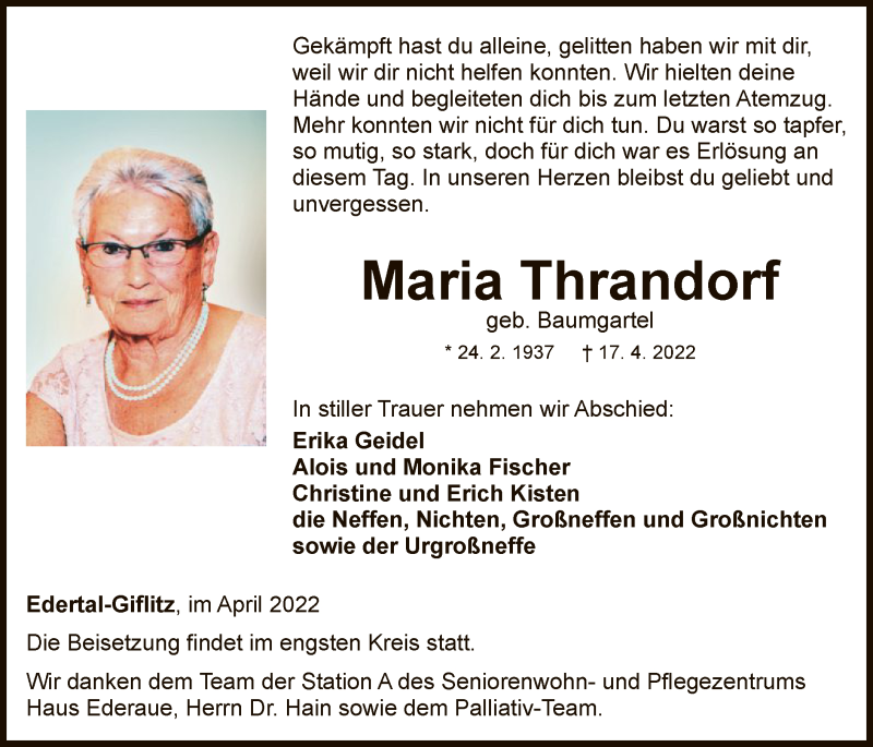  Traueranzeige für Maria Thrandorf vom 23.04.2022 aus WLZ