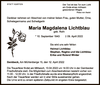 Traueranzeige von Maria Magdalena Lichtblau von WLZ