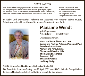 Traueranzeige von Marianne Wendt von WLZ