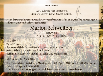 Traueranzeige von Marion Schweitzer von WLZ