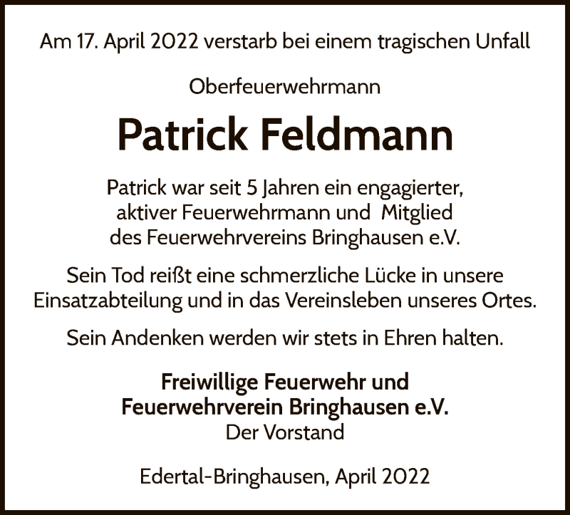  Traueranzeige für Patrick Feldmann vom 23.04.2022 aus WLZ