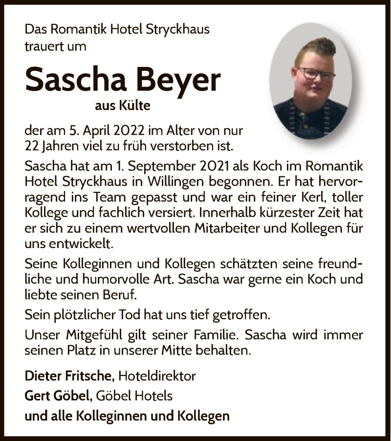 Traueranzeige für Sascha Beyer vom 23.04.2022 aus WLZ