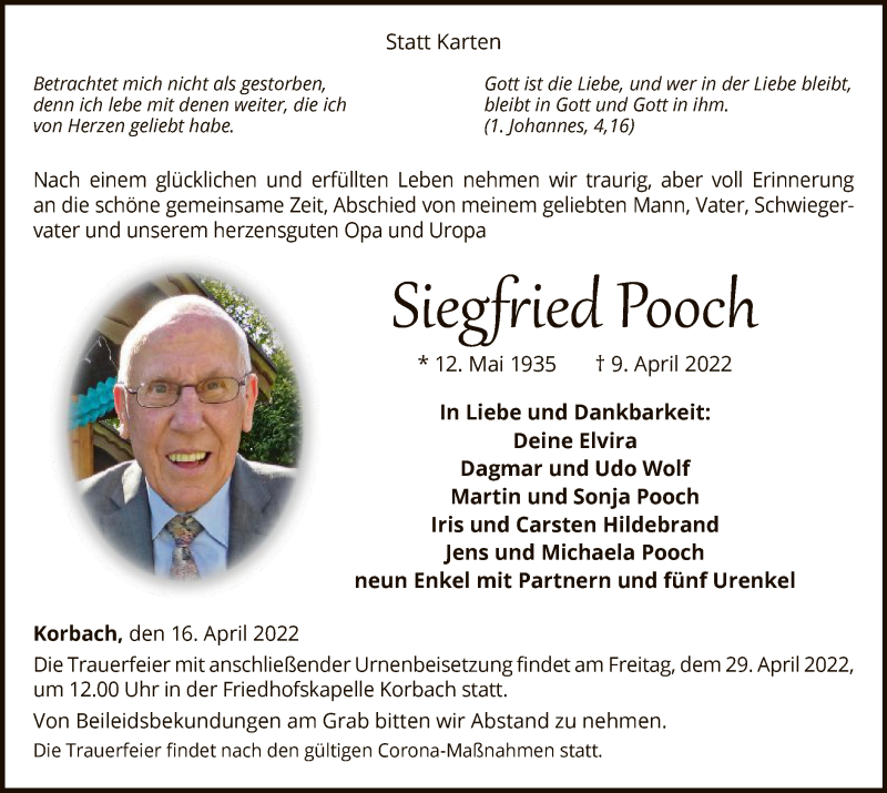  Traueranzeige für Siegfried Pooch vom 16.04.2022 aus WLZ