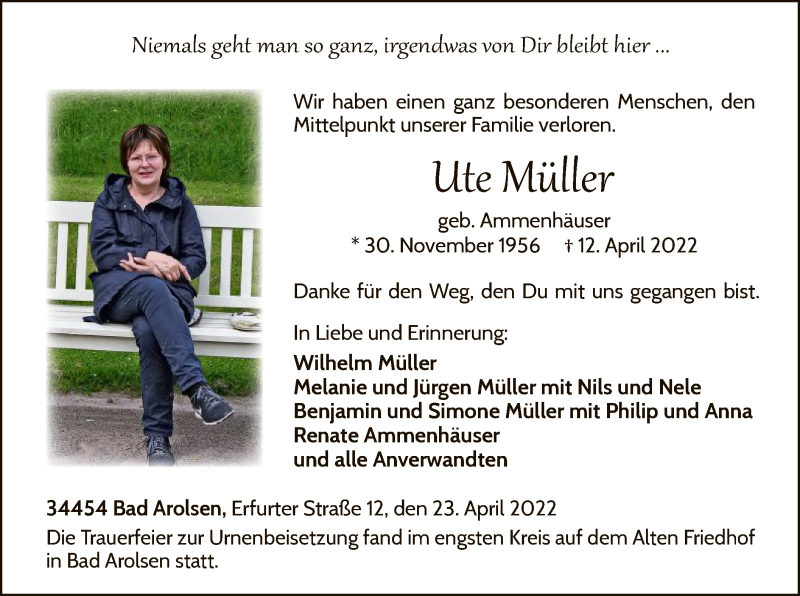  Traueranzeige für Ute Müller vom 23.04.2022 aus WLZ