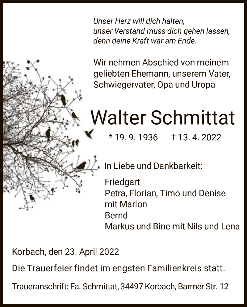  Traueranzeige für Walter Schmittat vom 23.04.2022 aus WLZ