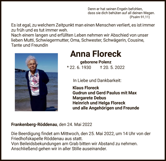 Traueranzeige von Anna Floreck von HNA