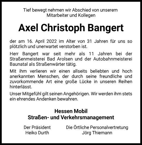 Traueranzeige von Axel Christoph Bangert von HNA