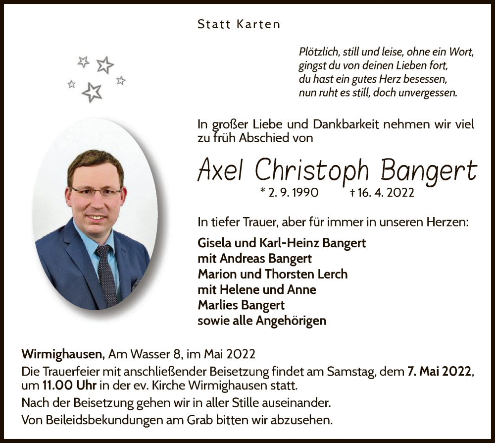  Traueranzeige für Axel Christoph Bangert vom 04.05.2022 aus WLZ