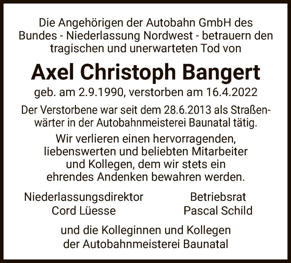  Traueranzeige für Axel Christoph Bangert vom 04.05.2022 aus WLZ