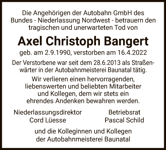 Traueranzeige von Axel Christoph Bangert von WLZ