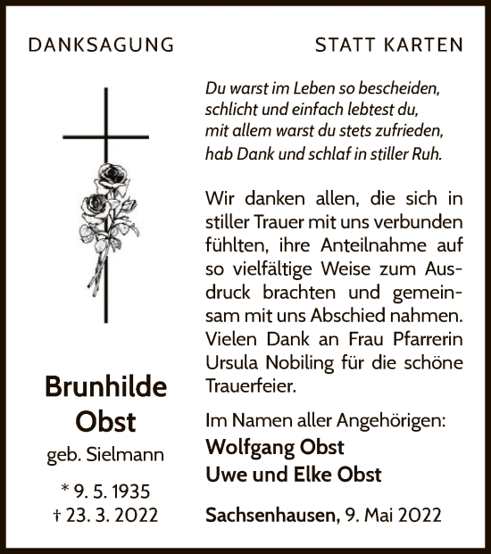 Traueranzeige von Brunhilde Obst von WLZ