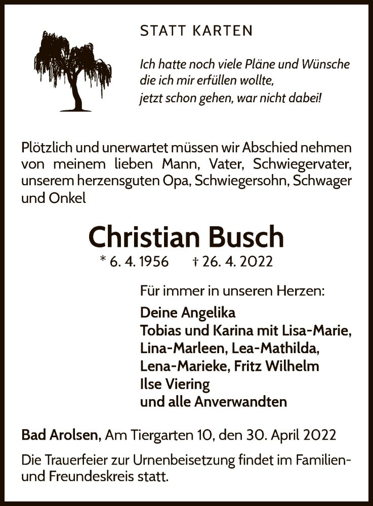  Traueranzeige für Christian Busch vom 30.04.2022 aus WLZ