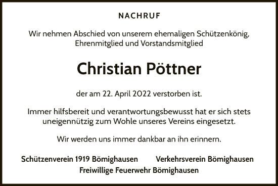 Traueranzeige von Christian Pöttner von WLZ