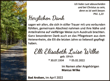 Traueranzeige von Elli Elisabeth Luise Wilke von WLZ