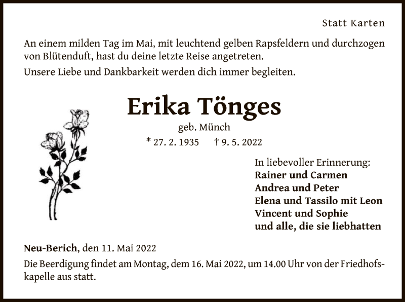  Traueranzeige für Erika Tönges vom 11.05.2022 aus WLZ