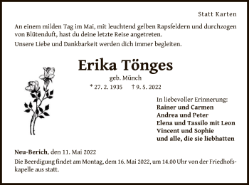 Traueranzeige von Erika Tönges von WLZ