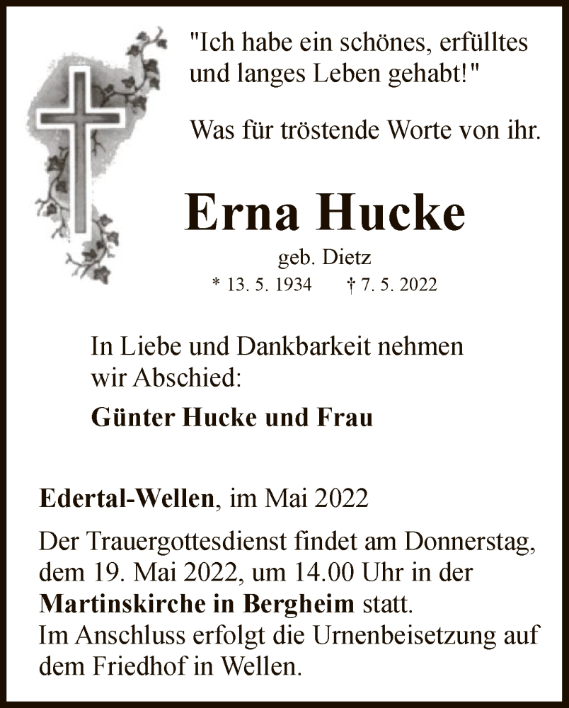  Traueranzeige für Erna Hucke vom 14.05.2022 aus WLZ