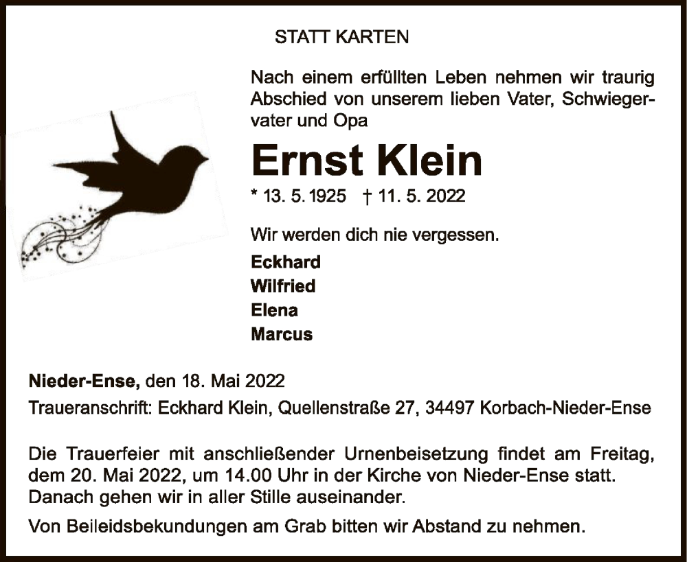  Traueranzeige für Ernst Klein vom 18.05.2022 aus WLZ
