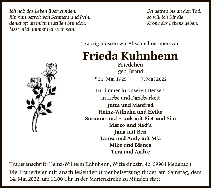  Traueranzeige für Frieda Kuhnhenn vom 11.05.2022 aus WLZ