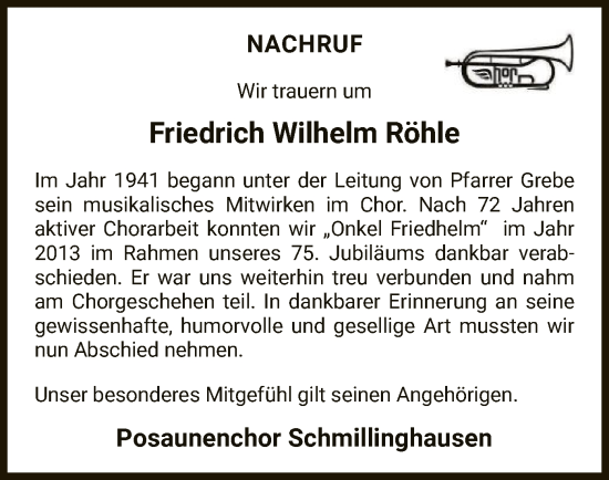 Traueranzeige von Friedrich Wilhelm Röhle von WLZ