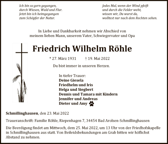 Traueranzeige von Friedrich Wilhelm Röhle von WLZ