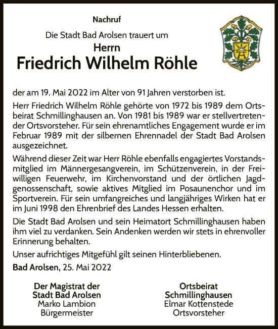 Traueranzeige von Friedrich Wilhelm Röhle von WLZ