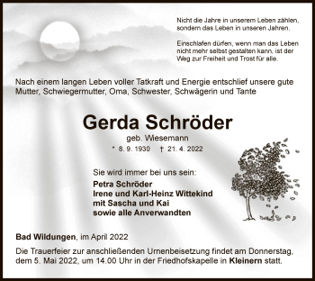 Traueranzeige von Gerda Schröder von WLZ