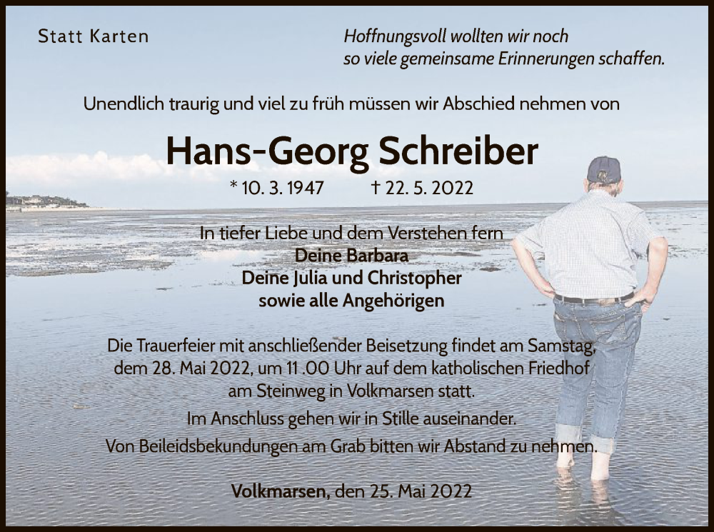  Traueranzeige für Hans-Georg Schreiber vom 25.05.2022 aus WLZ