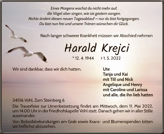 Traueranzeige von Harald Krejci von WLZ