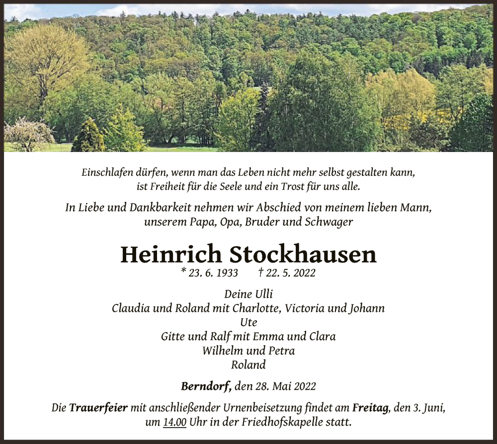  Traueranzeige für Heinrich Stockhausen vom 28.05.2022 aus WLZ