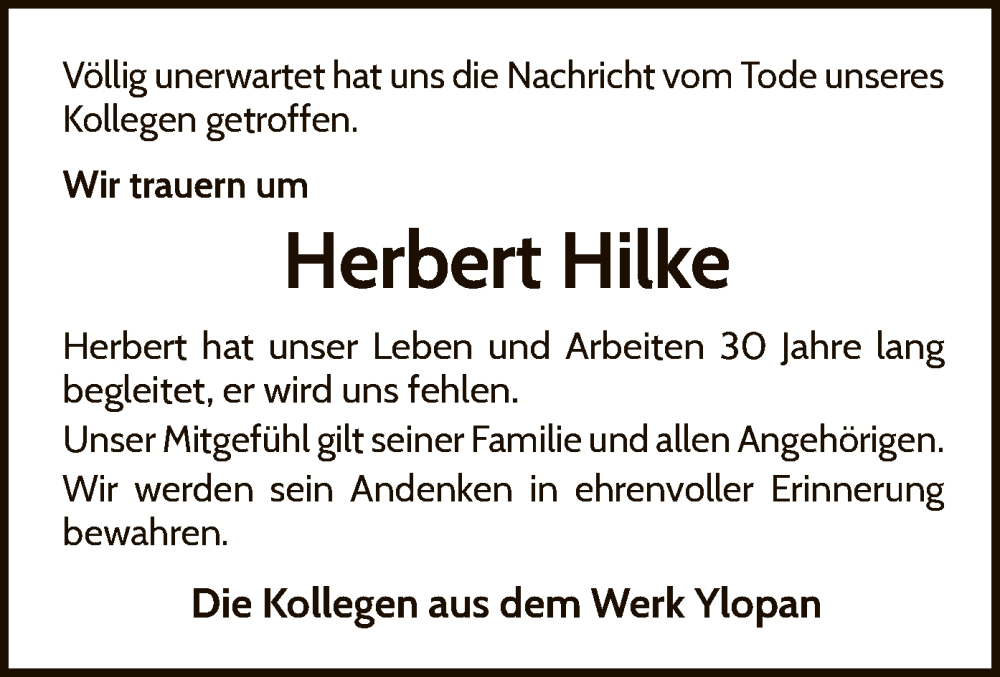  Traueranzeige für Herbert Hilke vom 14.05.2022 aus WLZ