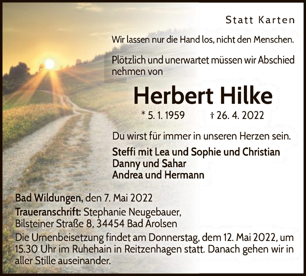  Traueranzeige für Herbert Hilke vom 07.05.2022 aus WLZ