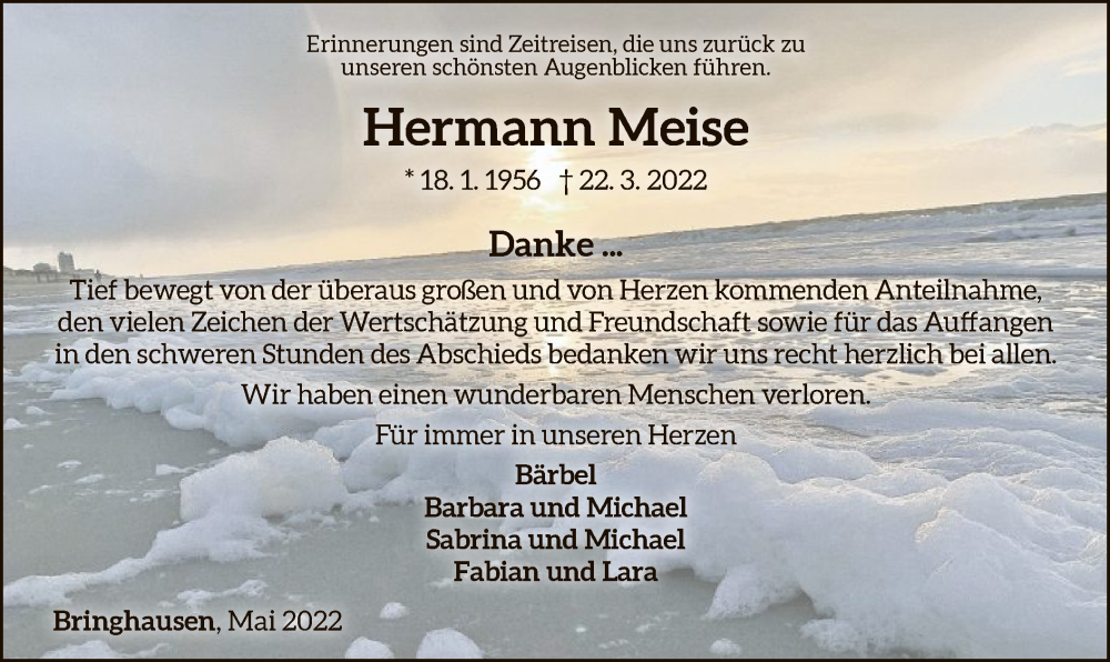  Traueranzeige für Hermann Meise vom 21.05.2022 aus WLZ