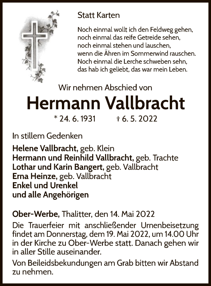  Traueranzeige für Hermann Vallbracht vom 14.05.2022 aus WLZ