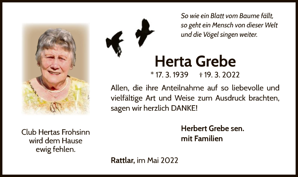 Traueranzeige für Herta Grebe vom 07.05.2022 aus WLZ