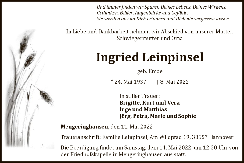  Traueranzeige für Ingried Leinpinsel vom 11.05.2022 aus WLZ