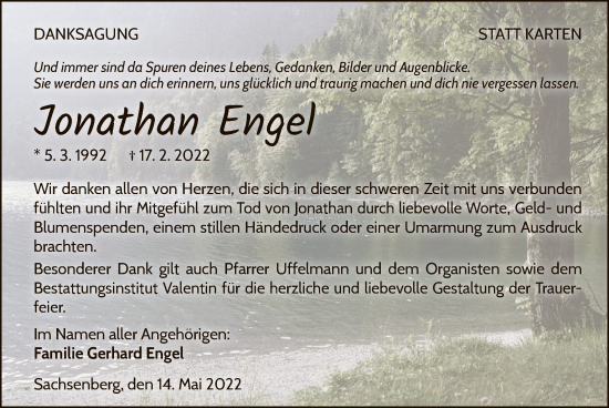 Traueranzeige von Jonathan Engel von WLZ