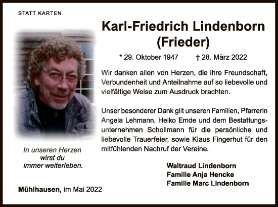 Traueranzeige von Karl-Friedrich Lindenborn von WLZ