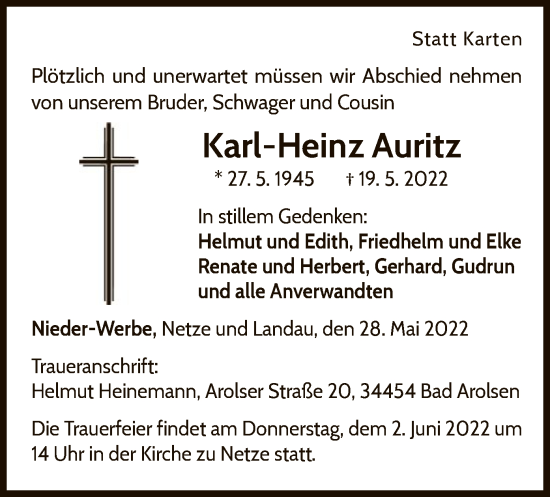 Traueranzeige von Karl-Heinz Auritz von WLZ