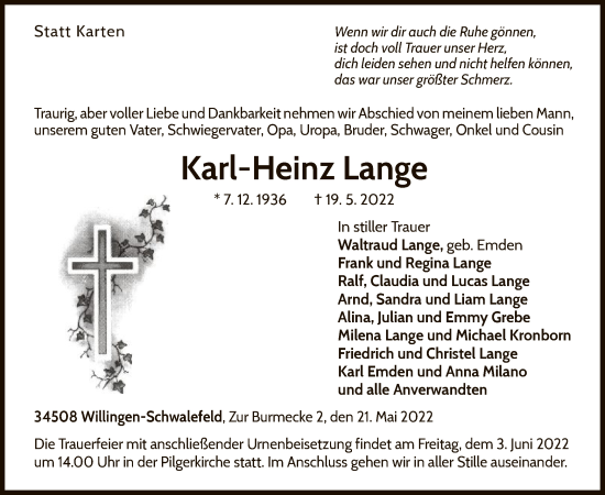 Traueranzeige von Karl-Heinz Lange von WLZ