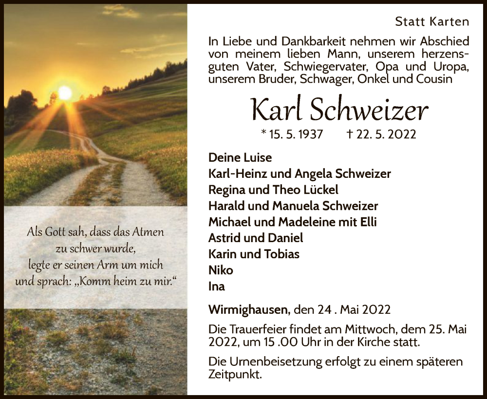  Traueranzeige für Karl Schweizer vom 24.05.2022 aus WLZ