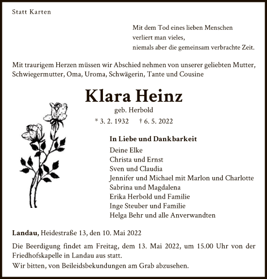 Traueranzeige von Klara Heinz von WLZ