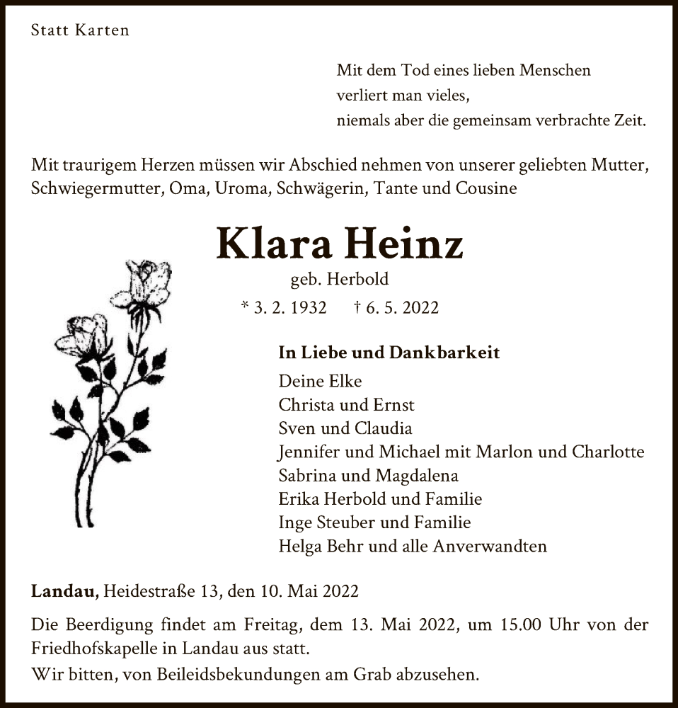  Traueranzeige für Klara Heinz vom 10.05.2022 aus WLZ