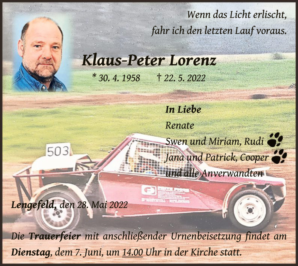  Traueranzeige für Klaus-Peter Lorenz vom 28.05.2022 aus WLZ