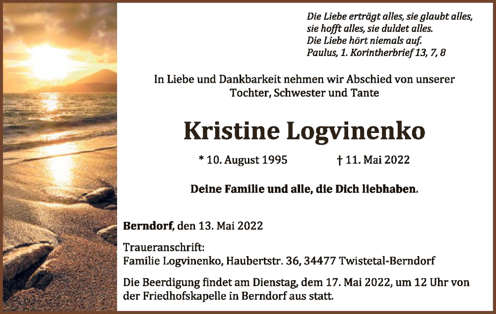  Traueranzeige für Kristine Logvinenko vom 13.05.2022 aus WLZ