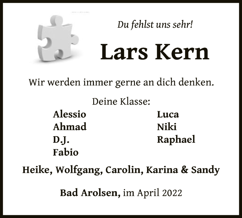  Traueranzeige für Lars Kern vom 30.04.2022 aus WLZ