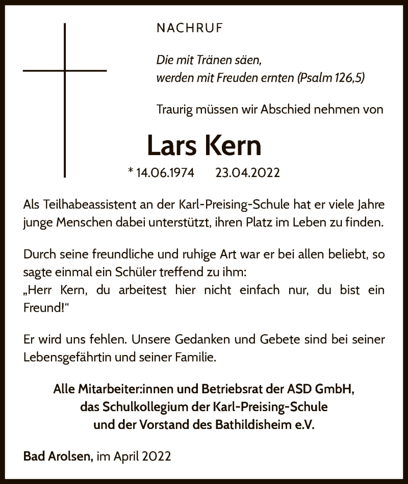  Traueranzeige für Lars Kern vom 30.04.2022 aus WLZ