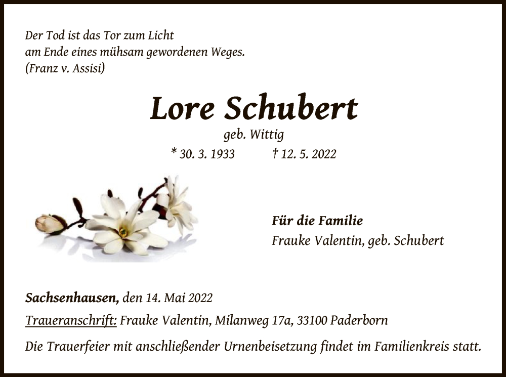  Traueranzeige für Lore Schubert vom 14.05.2022 aus WLZ